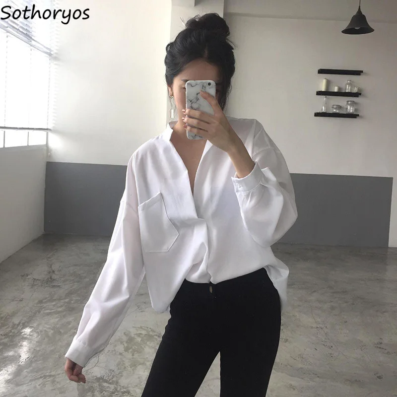 

Shirts Women Simple Pockets Elegant Loose Students Korean Style High Quality Womens All-match Trendy Long Sleeve Female Blouses