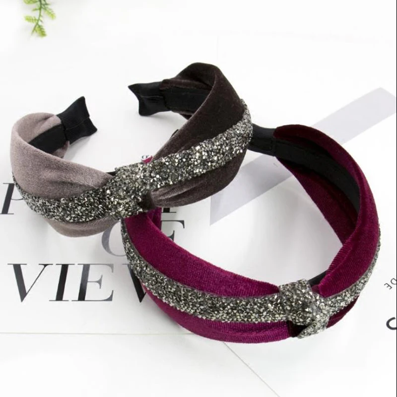 

Elegant Women Headdress Knotted Wide-brimmed Cotton Headbands Rhinestone Cross Hair Bands Adult Bow Hairbands Hair Accessories