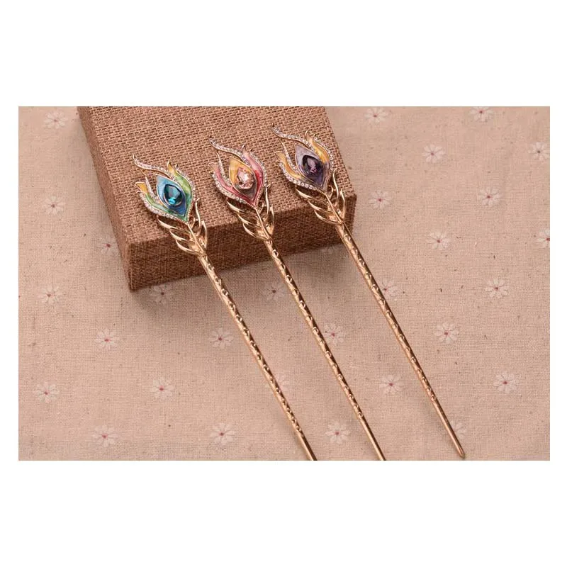 

1pcs OIUBOSS Vintage Fashion Jewelry Peacock Hairpin Headdress Blue Crystal Hair Sticks Hairpin For Women Girl Hair Accessories