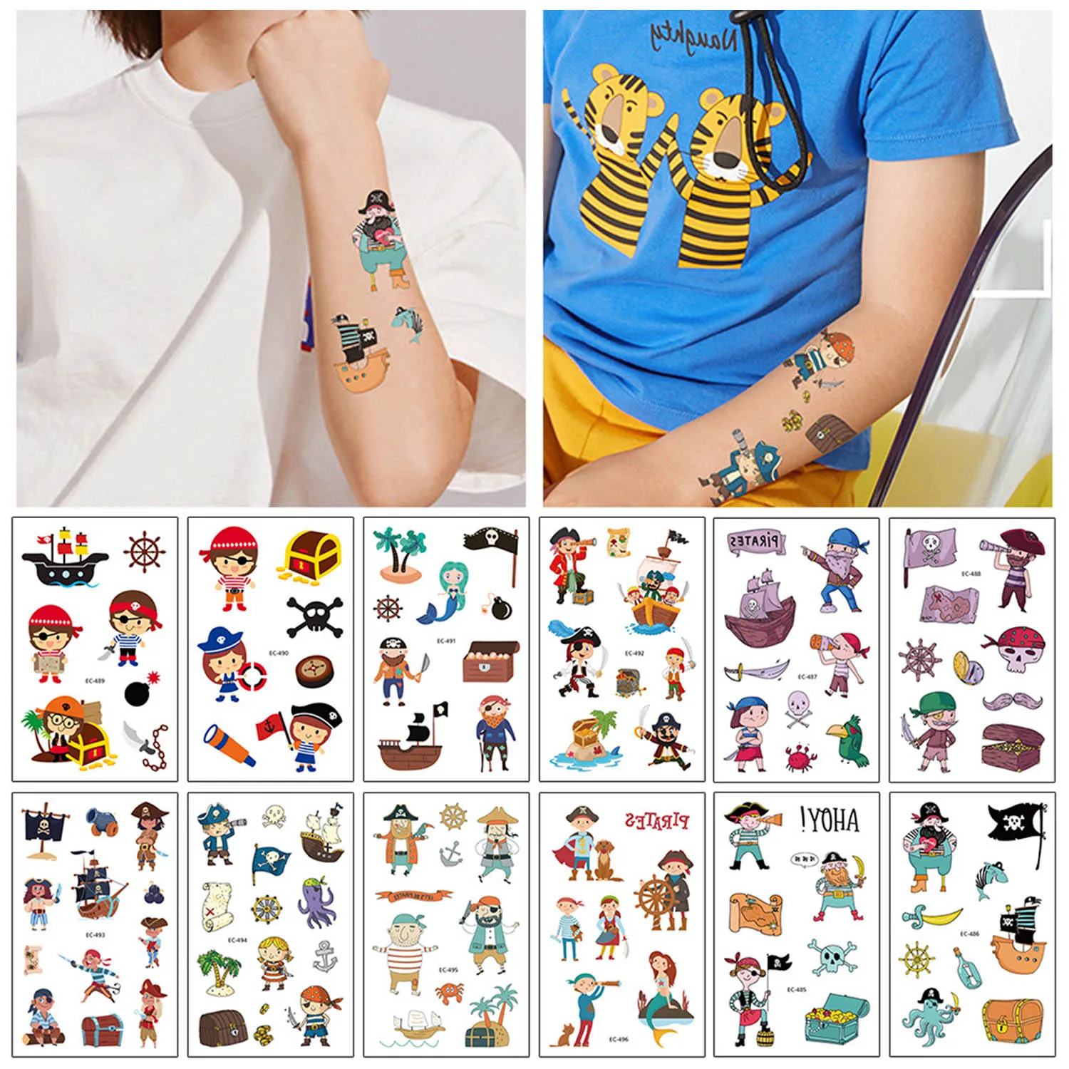 

12 Sheets Waterproof Pirate Theme Party Temporary Tattoo Stickers for Kids Children Boys Girls Birthday Festival Daily Playing
