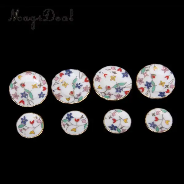 MagiDeal 15Pcs 1/12 Scale Dollhouse Miniature Dining Ware Porcelain Tea Set Plate Floral Print for Home Office Coffee Decor Gift