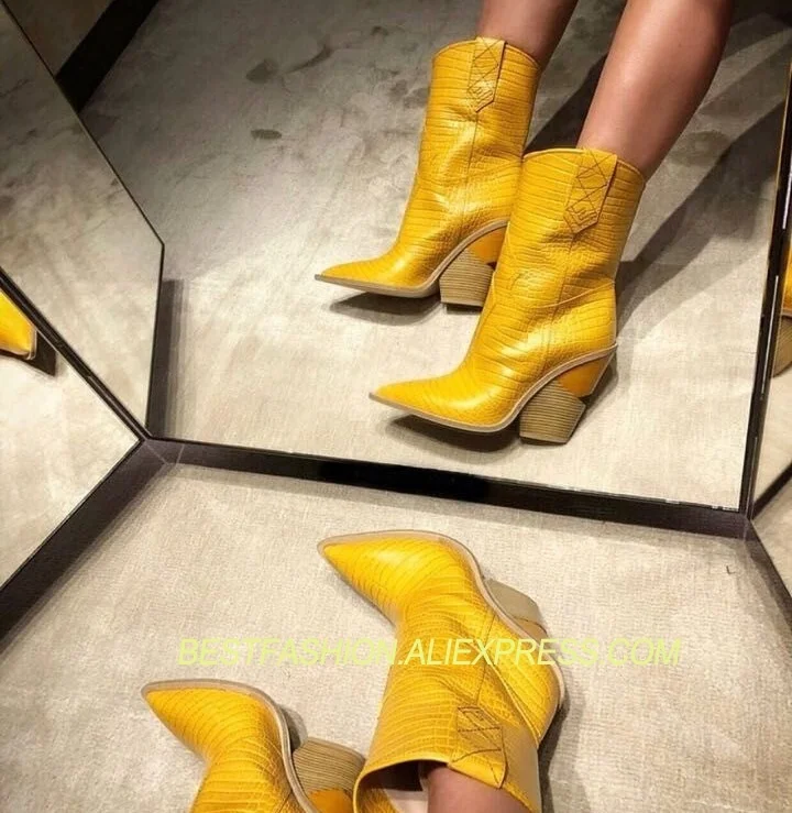 

2018 Shoes Woman Autumn Winter Boots Pointed Toe Chunky Heels Crocodile Pattern Genuine Cow Leather Design Mujer Half Boots