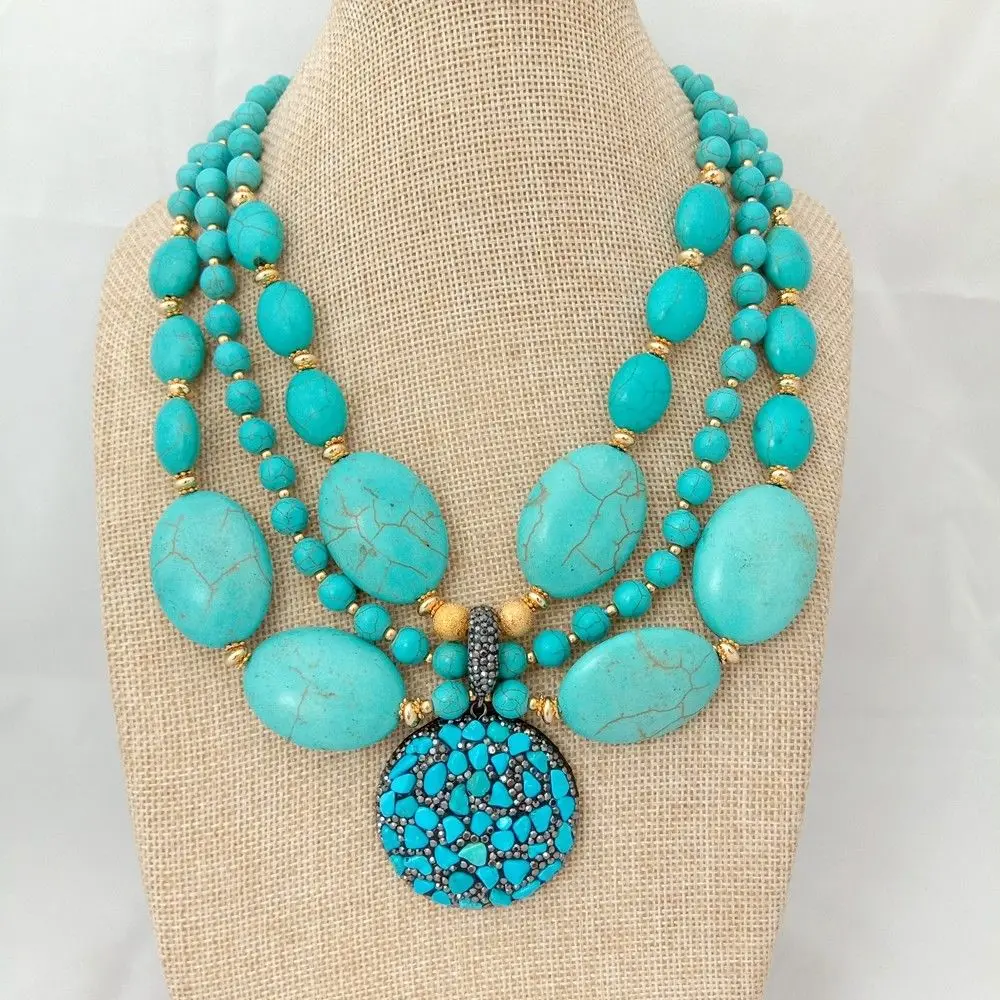 

18'' 3 Strands Round Oval Blue Gems Necklace Stone Chips Pendant
