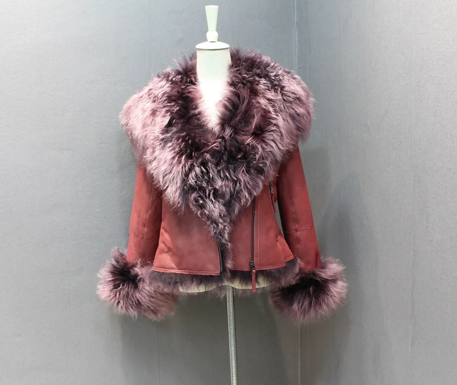 ladies genuine sheepskin leather and fur jacket big collar  (8)