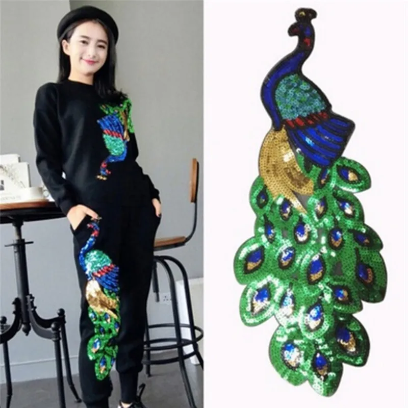 

1Pc Colorful Sequin Peacock Embroidery Fabric Large Applique Patch African Lace Iron On Dress Cloth Decorate Accessory
