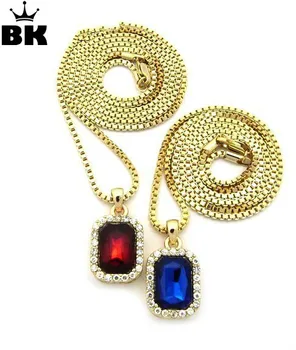 

Men Iced Out Micro Pendant Necklace Pave Blue & Faux Rhinestone Stone Pendant Set With 2.4mm 24" Box Chain Goldtone Small Size