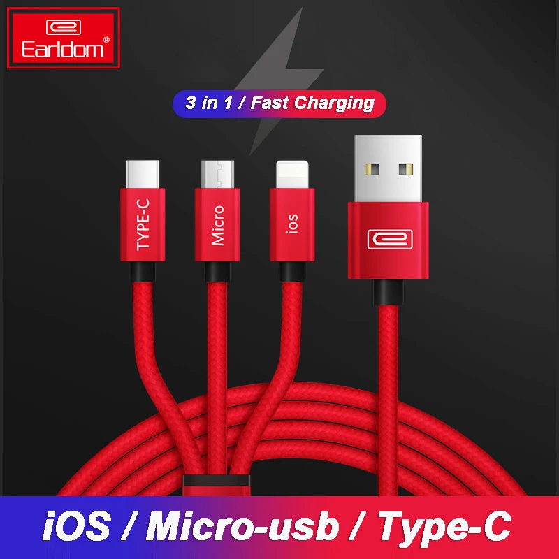 Кабель для быстрой зарядки EARLDOM type C samsung S8 S9 Note 9 3 в 1 Micro 8 Pin USB кабель iPhone X 7 6 Plus