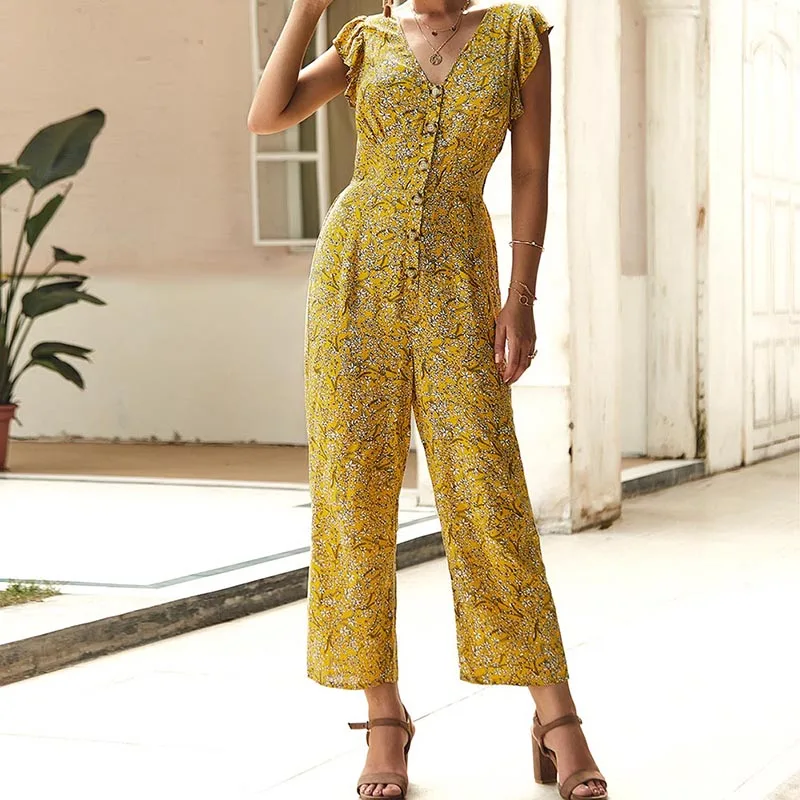 Women Floral Wide Leg Rompers Sleeveless Female Ruffle Jumpsuit S-XL