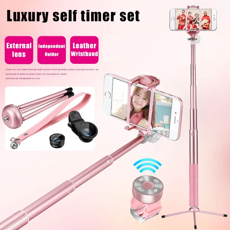 

2017 Luxury Handheld Extendable Selfie Stick Leather Folding Bluetooth Remote Shutter Selfies Tripod For iPhone 7 6 Samsung S8