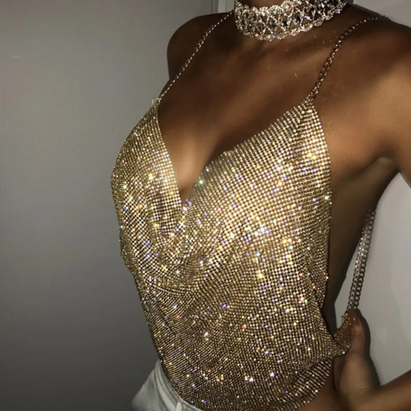 

Halter Handmade Shiny Rhinestones Crop Top Backless Summer Beach Chic Party Bralette Cropped Sexy Women Tank Top