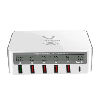 

Intelligent 6 Ports Fast USB Charger Station Led Display QI 10W Wireless Quick Charging Desktop Power Adapter with Type C Port