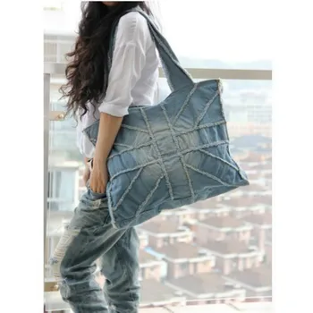 

2018 New Denim Big Women's Shoulder Bag Jeans Handbags Zipper Personality Large-capacity Casual Female Solid Color Hot Totes