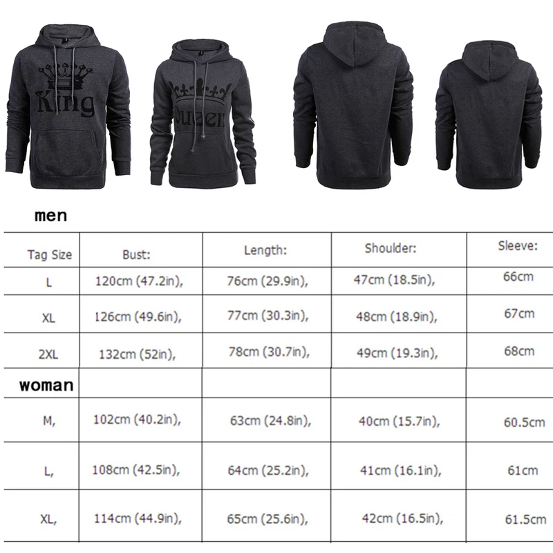Valentine's Day Gift KING Queen Hoodie Couple Slim Sweatshirt for Couple Lovers Long Sleeve Winter Women Men Hooded Pullovers Hoodies
