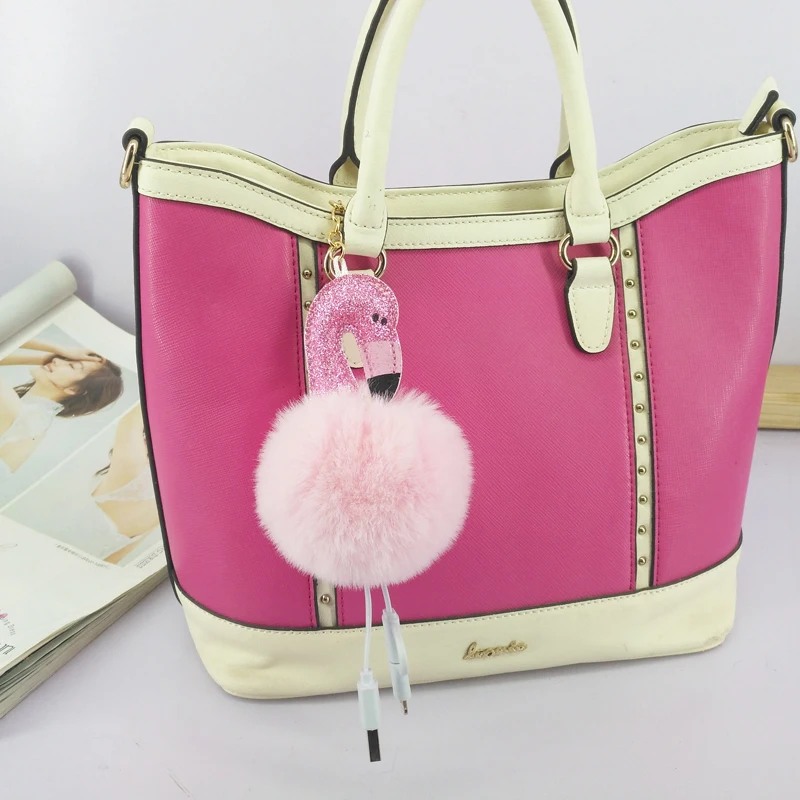 

Flamingo Pokemon Keychains USB Charging Fluffy Ball Key Chain Universal Data Cable Jewelry Pendant Decorations Car Key Accessory