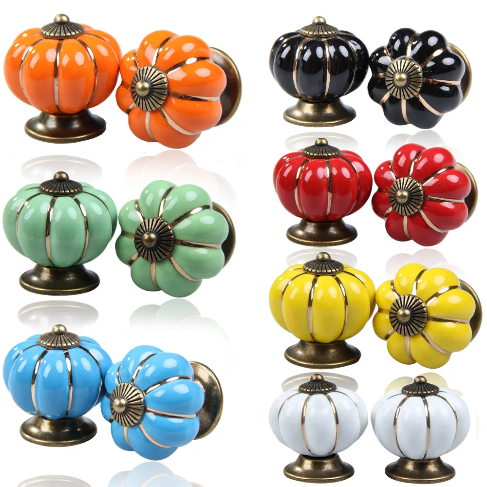 

2Pcs  High Quality Vintage Pumpkin Ceramic Door Knobs Cabinet Drawer Cupboard Kitchen Pull Handle 7 Colors