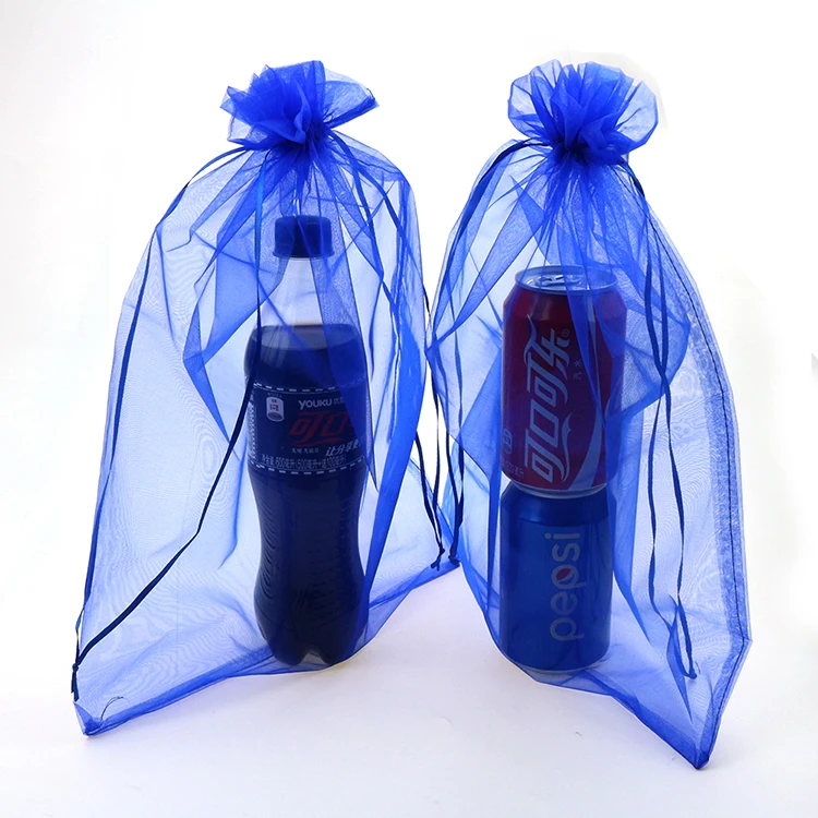 

25x35cm Blue Small Drawstring Bag Organza Bags Promotional Gifts Customized Logo Bag Pochette Tulle Bonbon 100pcs/lot