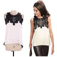 Summer Women 2016 Fashion Printed Chiffon Shirt Stitching Embroidered Chiffon T-shirt Casual Sleeveless T-shirt Bottoming Shirt