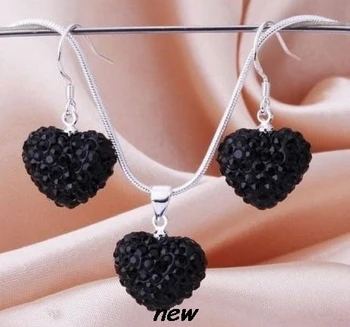 2 set/lot multicolor mixed Heart Crystal  set silver plated drop earrings Necklace Pendant 16 inch Snake Chains l5333