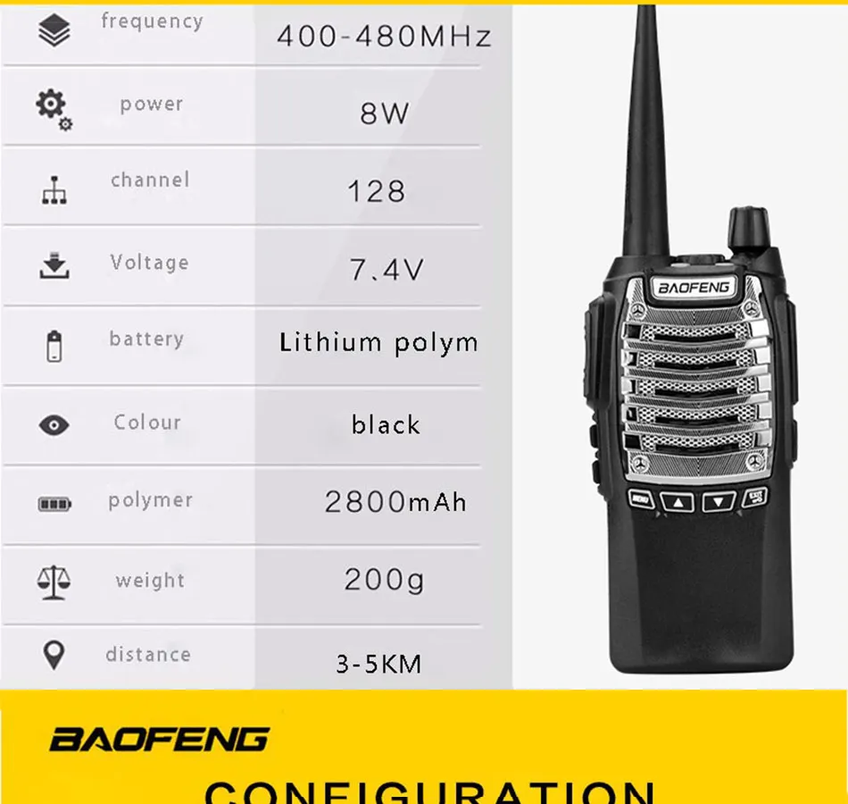 Двухстороннее радио Baofeng BF-UV8D двухканальные рации UHF 8 Вт 128CH DTMF двойной PTT FM трансивер