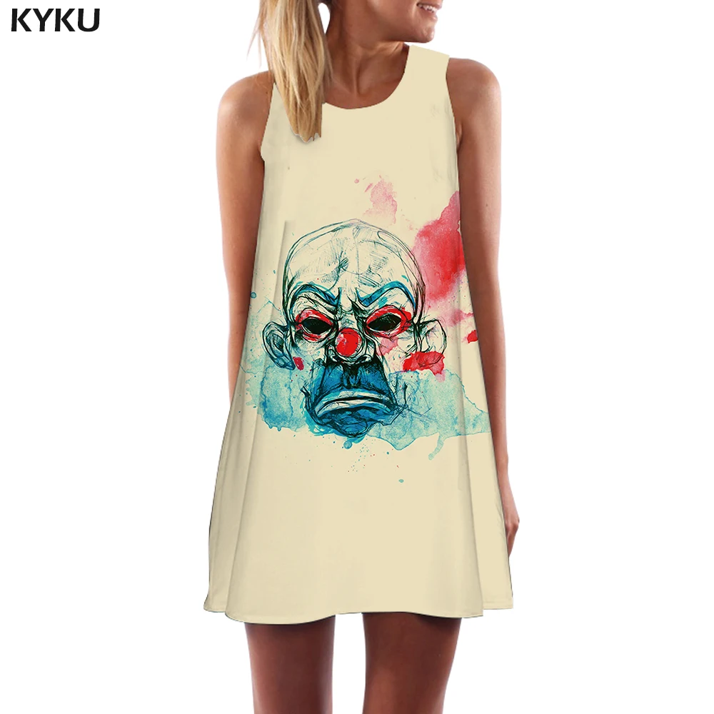 

KYKU Clown Dress Women Graffiti Sexy Skull Sundress Ink Ladies Dresses Colorful Korean Style Womens Clothing Vintage Ladies Wrap