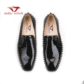 

Jeder Schuh new arrival Handmade Black Patent Leather men spiked shoes party and wedding red bottom men's loafers