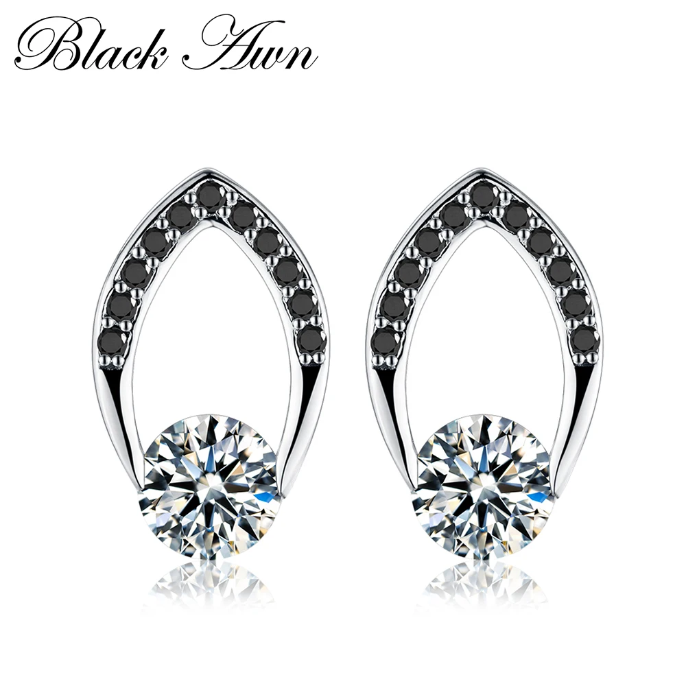

[BLACK AWN] 925 Sterling Silver Jewelry Black Spinel Engagement Earrings for Women Female Stud Earrings T007