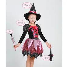 Нарядное платье ведьмы на Хэллоуин для маленьких девочек, 4 предмета шляпа, волшебная палочка, сумка для выступлений, костюм, платье Детские праздничные платья Одежда для девочек