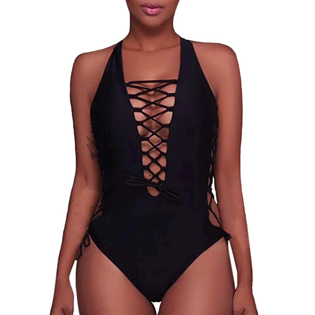 

Women Solid Bandage Biquinis Padded One Piece Bikini Swimsuit Beachwear Swimwear 2019 Swimwear Sexy Swim Summer Bathing Suit