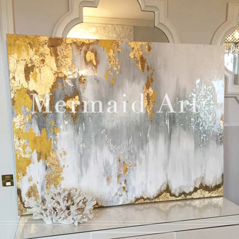 Handpainted Abstract Gold Leaf Art with Gray and White Ombre Pictures