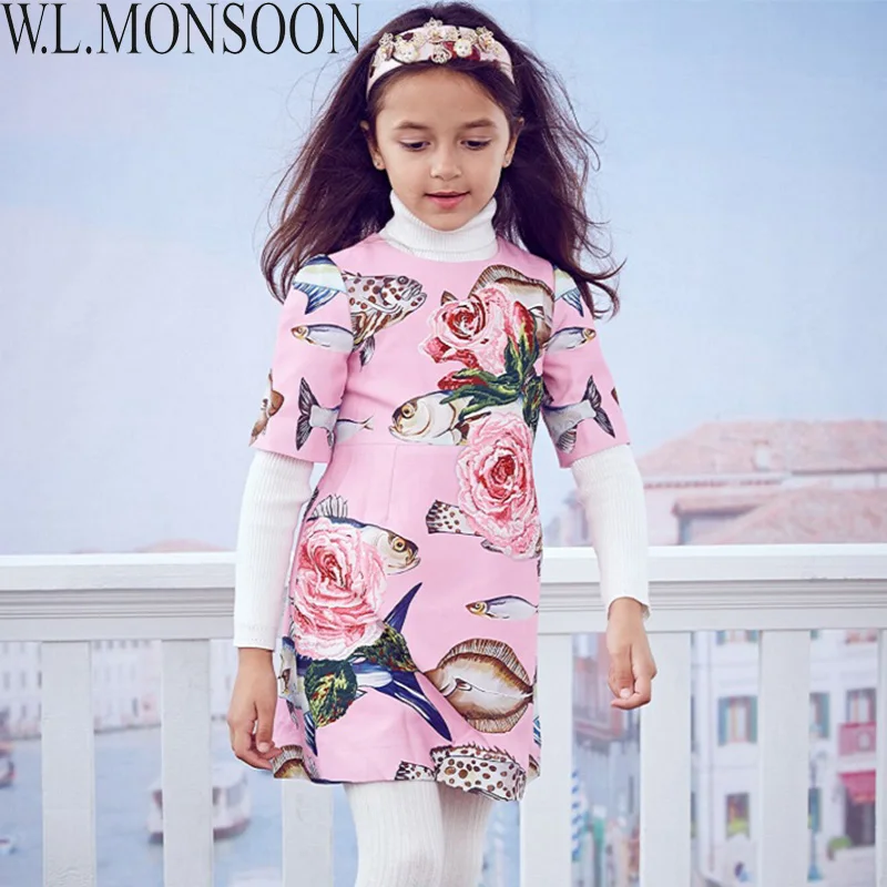 

W.L.MONSOON Toddler Girls Dresses with Beading 2017 Brand Winter Princess Dress Children Vestido Fish Print Kids Christmas Dress