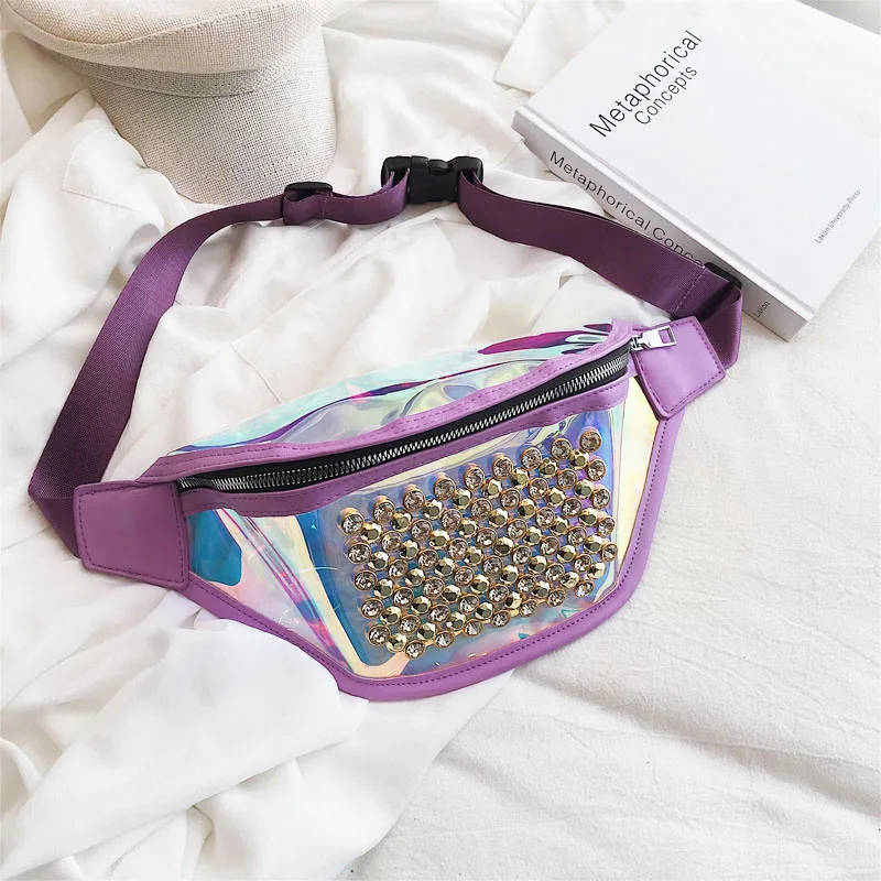 Модная поясная сумка, водонепроницаемая, прозрачная, Панк голографическая поясная сумка, лазерная поясная сумка для женщин, нагрудная сумка - Цвет: Purple with rivets