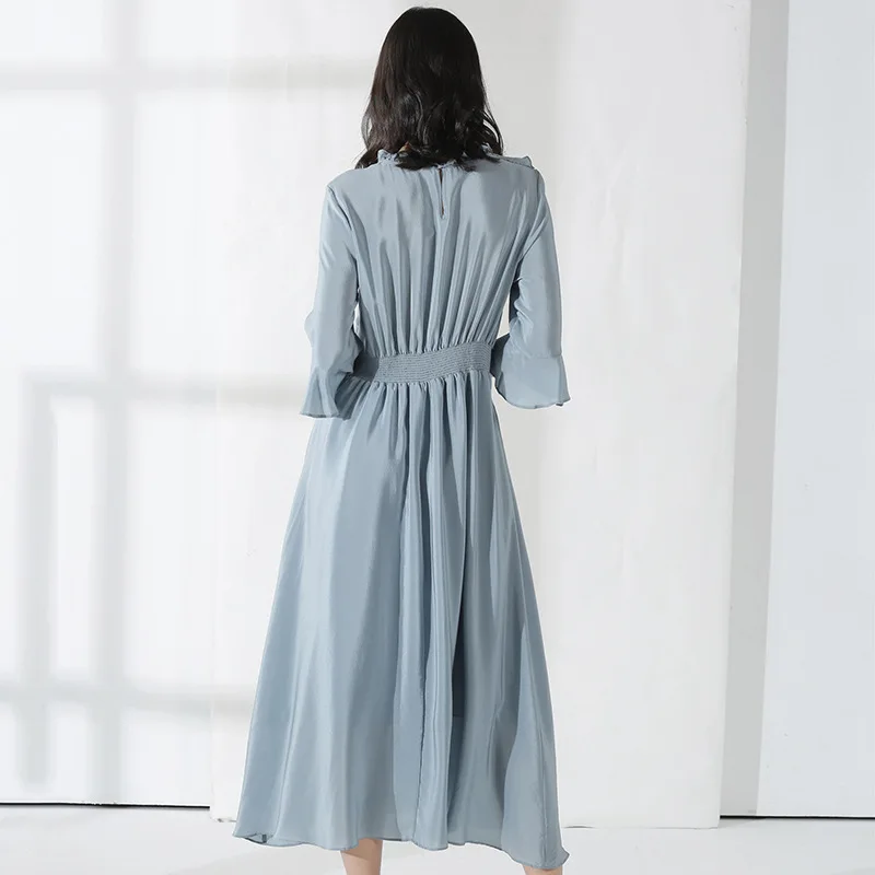 Office Lady Long Dress 100% Silk Solid O Neck Long Sleeve Maxi Dress Women Evening Party Elegant Dress Vestidos Mujer