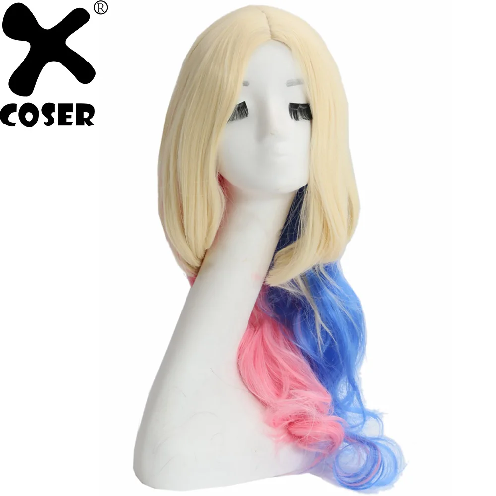 XCOSER Suicide Squad Harley Quinn hair Women Long Wavy Blue and Pink