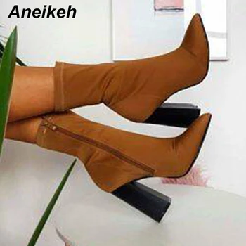 

Aneikeh Stretch Fabric Women Ankle Boots 2019 Autumn ZIP Pointed Toe Stilettos Shoes Fashion Sexy Chelsea Boots Pumps Size 35-40