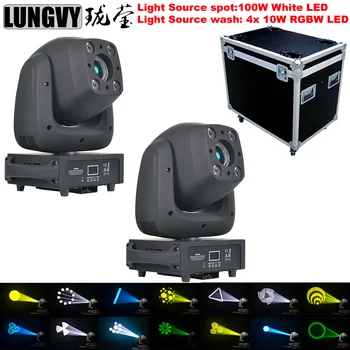 

Free Shipping 2pcs/lot LED 100w Spot Moving Head With 4x10w RGBW Wash Stage Light LED Lyre Road Case Package Party Light DJ DMX