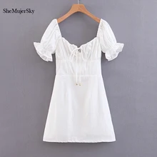 SheMujerSky, Mini vestido Vintage de verano para mujer, vestido de encaje con cuello en V, vestido blanco verano 2019