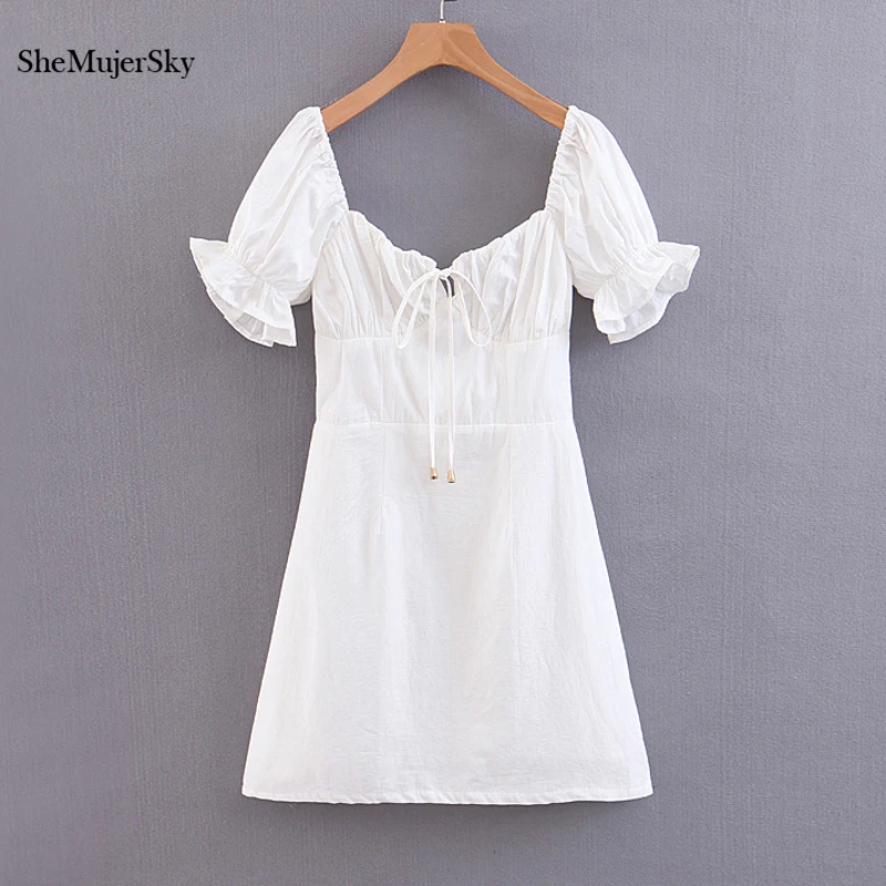 Najtaniej SheMujerSky lato w stylu Vintage Mini sukienka kobiety zasznurować sukienka z dekoltem w serek 2019 vestido blanco verano