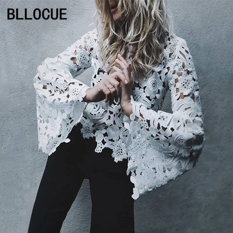 

BLLOCUE Women Self Portrait Blouses 2018 Summer Runway Designer Hollow Out Lace Shirts Tops Black/White/Red 3 Colors