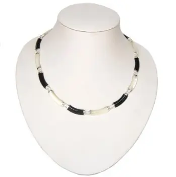 

shipping 18" Genuine Black Jade & white shell Pearl Silver Link Necklace