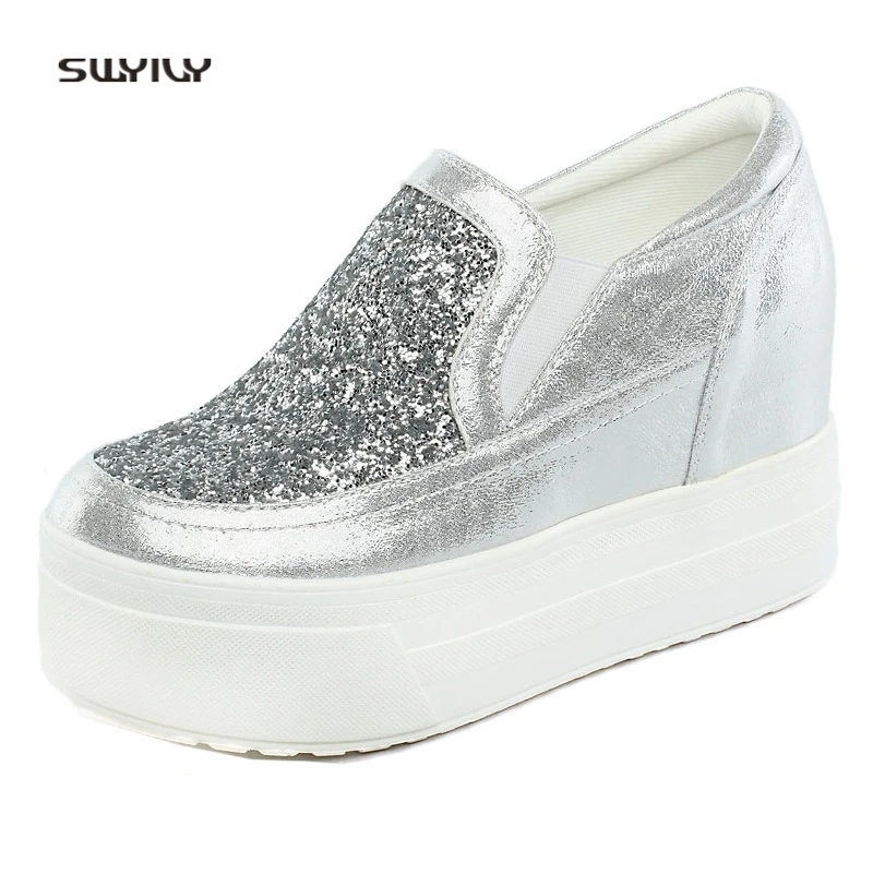 SWYIVY Sneakers Shoes Platform Spring 2018 Sequins Wedge Casual Shoes Slp On Lady 10cm High Heel Pedal Lazy Shoes Comfortable