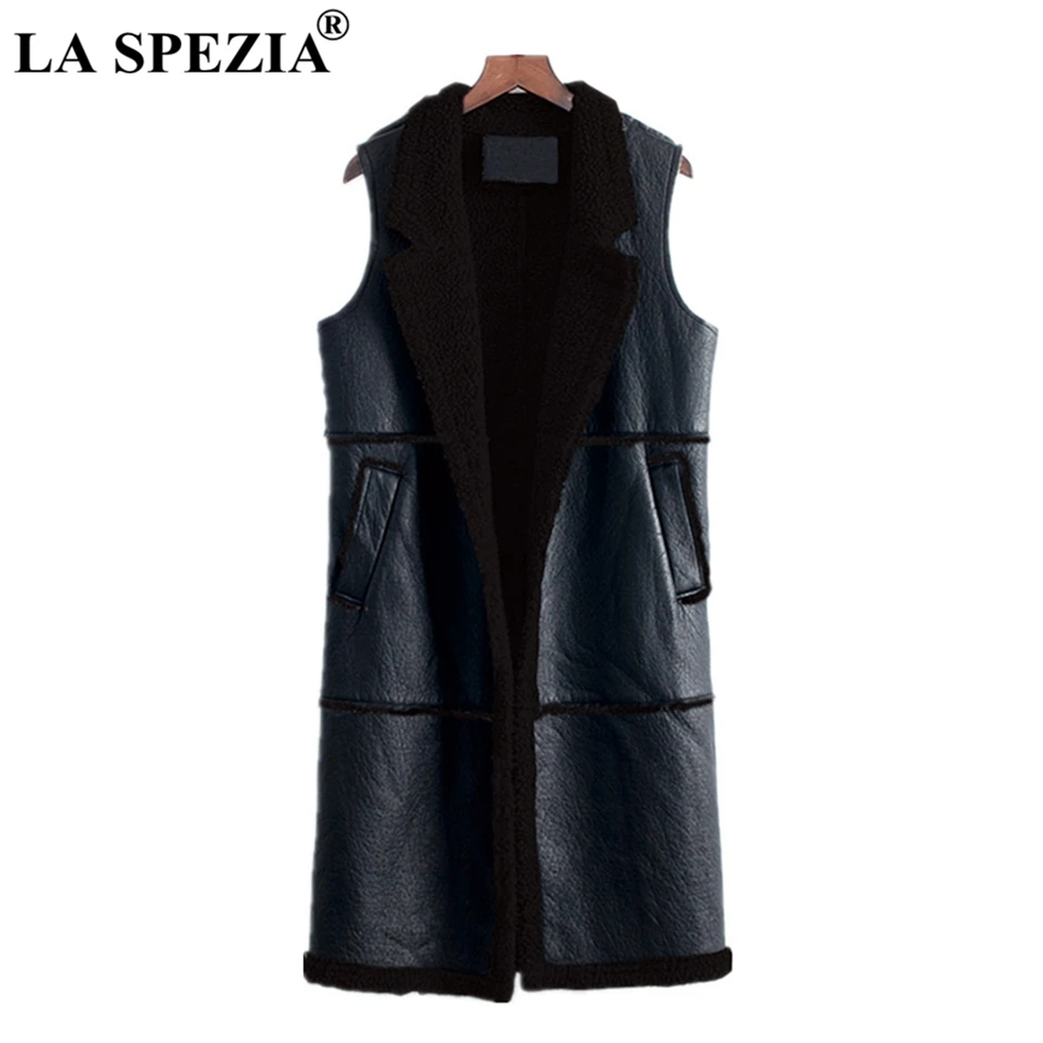 LA SPEZIA Women Long Waistcoat Vest Winter Gray Female Faux Leather Warm Lambswool Fashion Ladies Sleeveless Jackets Black 2019