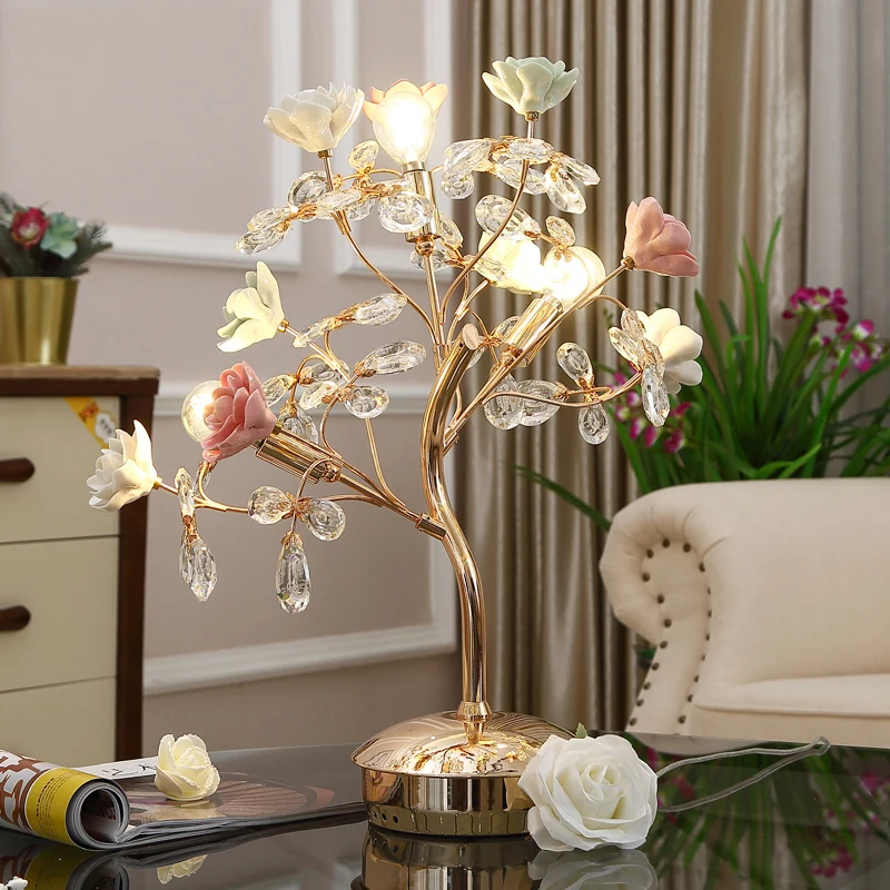 

Ceramic Rose Flower Tree Metal Table Lamp Button Switch K9 Crystal Lamp E14 Base Bedside Night Light Home Decororation Luminaria