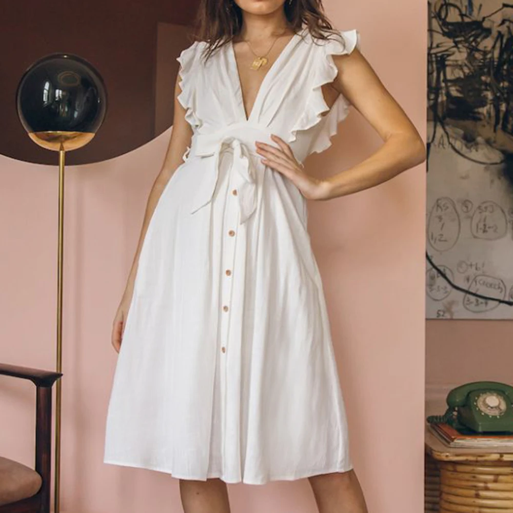 

Summer Ruffles Dress Holiday White Deep V-Neck Button Down Lace-Up Back Hollow A Line Dress