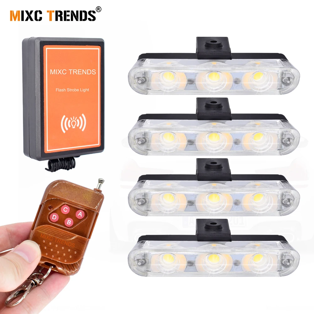 

Wireless Remote Led Ambulance Police Light 4x3leds 12V Strobe Warning Light for Car Truck Firemen Emergency Flashing Grill Lamps