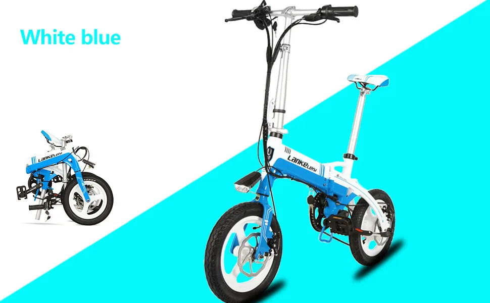 Top Lankeleisi A6 Folding Electric Bicycle 7 Speeds 14 inch 240Watt 36V Disc Brakes(white blue) 17