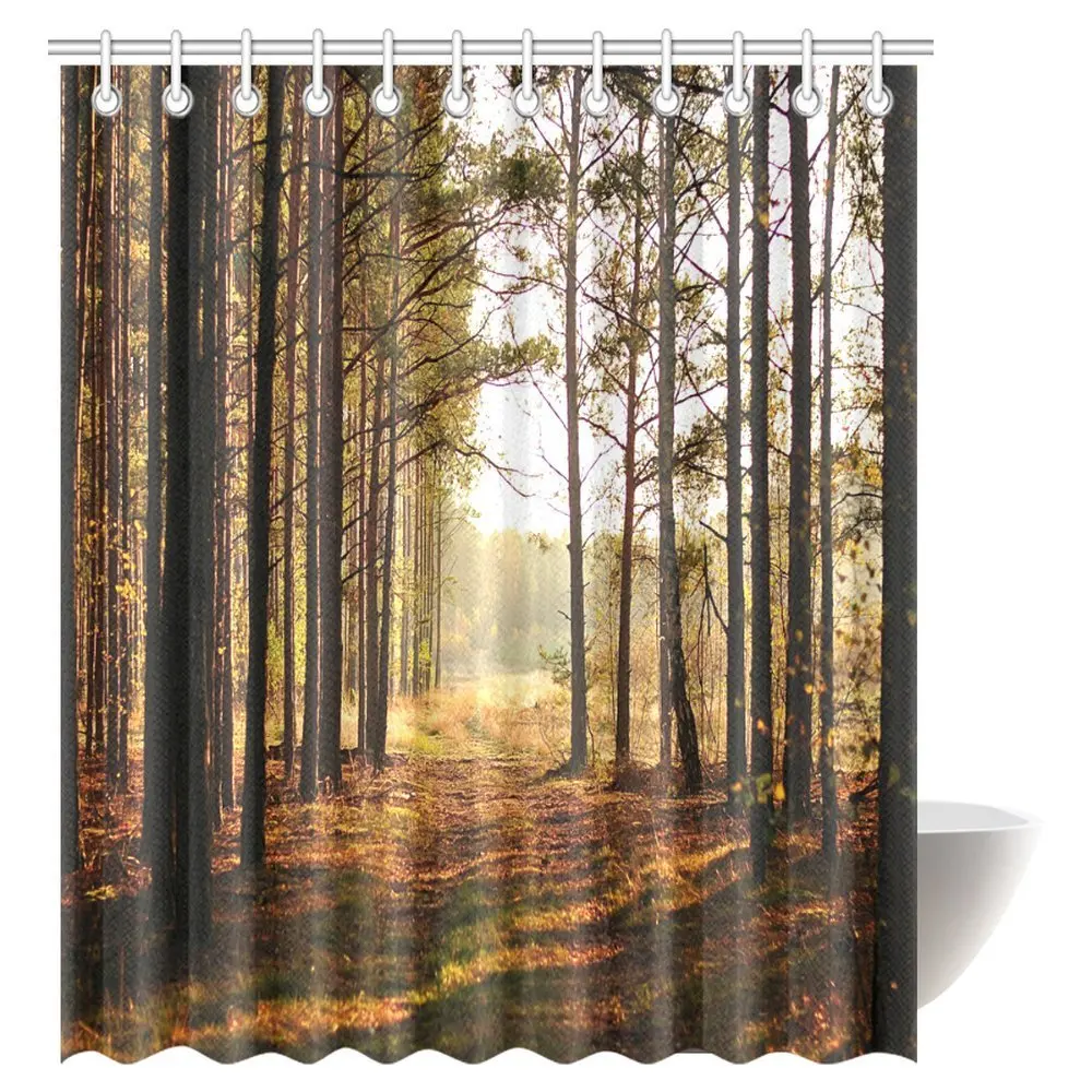 Farm House Decor Shower Curtain, Scene of Sunset in the Scattered Woods