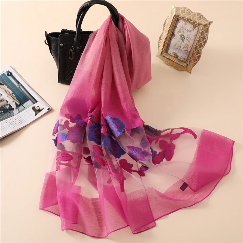 

Spring Women Long Scarf Flower Embroidery Silk Scarfs Shawls Lady Elegant Muslim Hijab Fashion 2019 Foulard Scarves