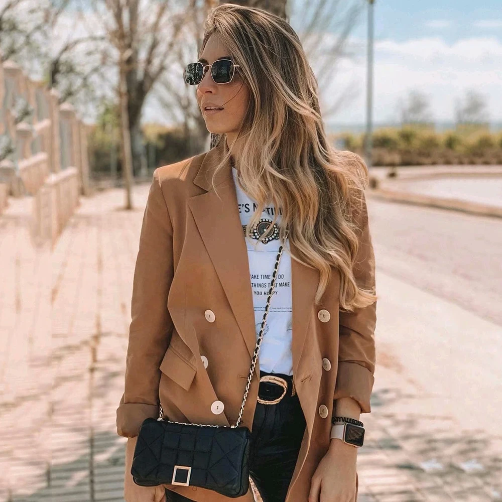 Las mujeres de color caqui Casual primavera-otoño Mango Blazer 2019 mujeres manga larga doble Breasted abrigos dama de Oficina Ropa chaqueta mujer - AliExpress Ropa de mujer