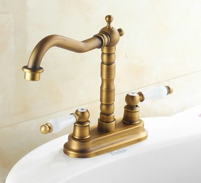 

Vintage Retro Antique Brass Kitchen Bathroom Vessel Sink Two Holes Faucet Dual Ceramics Handles Water Tap anf324
