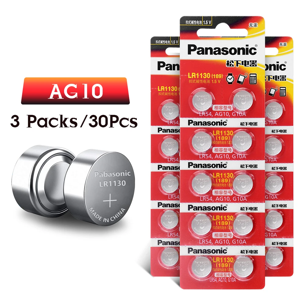 30 шт./лот Panasonic 1,5 V AG10 LR1130 щелочной AG10 389 LR54 SR54 SR1130W 189 LR1130 Батарея батареи LR 1130 кнопка плоский круглый аккумулятор